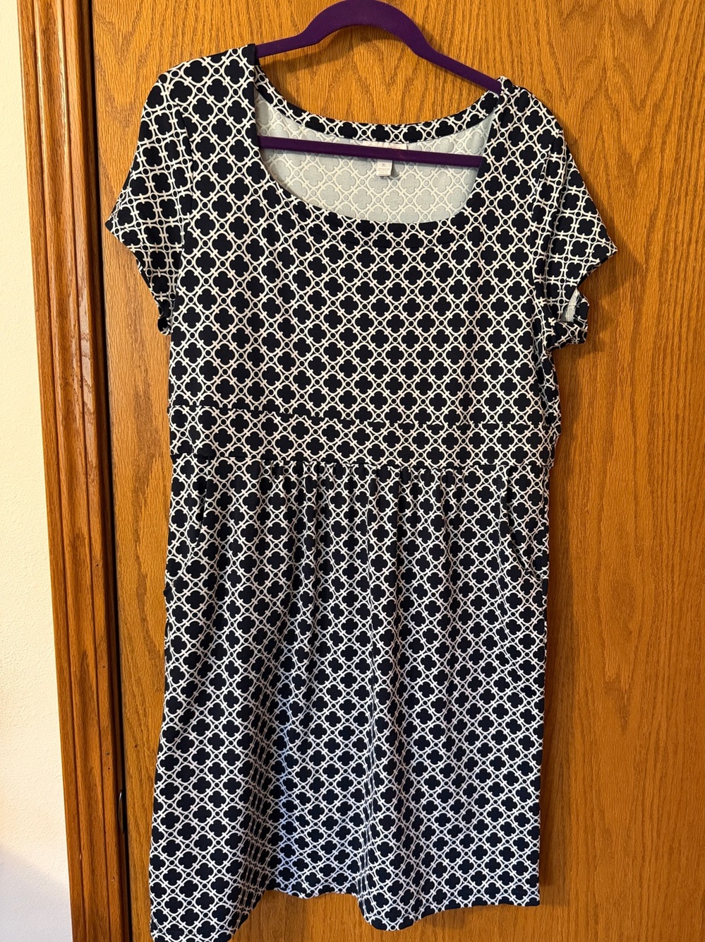 Charter Club Navy and White Geometric Short Sleeve Dress XL